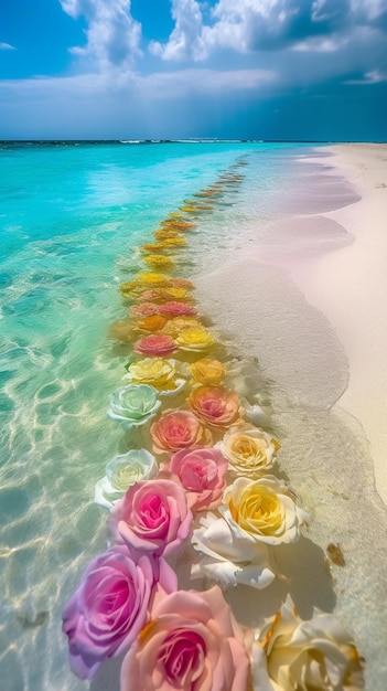 A colorful rainbow of roses in the water