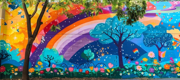 Photo colorful rainbow street art mural with nature and fantasy elements for vibrant public spaces