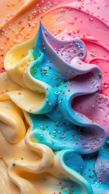 Colorful rainbow swirled ice cream vibrant icing closeup texture perfect for bakery decor