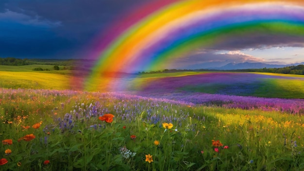 Colorful rainbow over vivid flower field