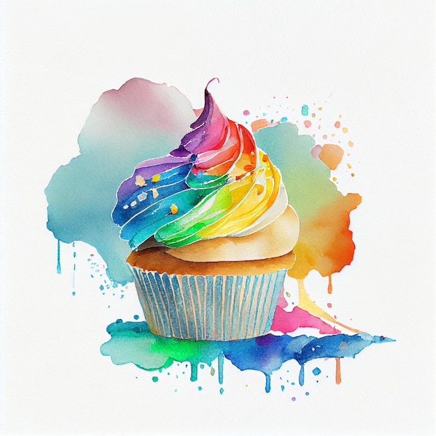 Colorful rainbow watercolor cupcake on white background Illustration