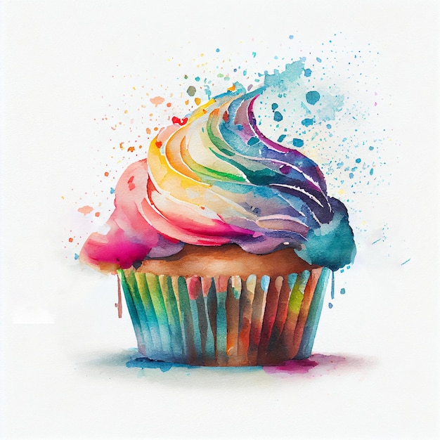 Colorful rainbow watercolor cupcake on white background Illustration