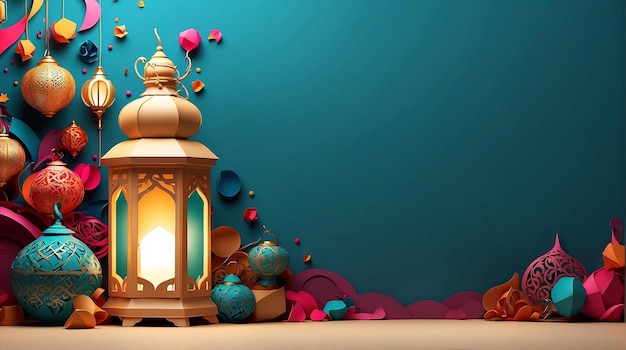 colorful ramadhan background with 3d lantern on the side with large copy space