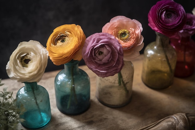 Colorful ranunculus in antique dusty bottles Generative ai