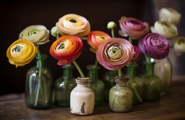 Colorful ranunculus in antique dusty bottles Generative ai