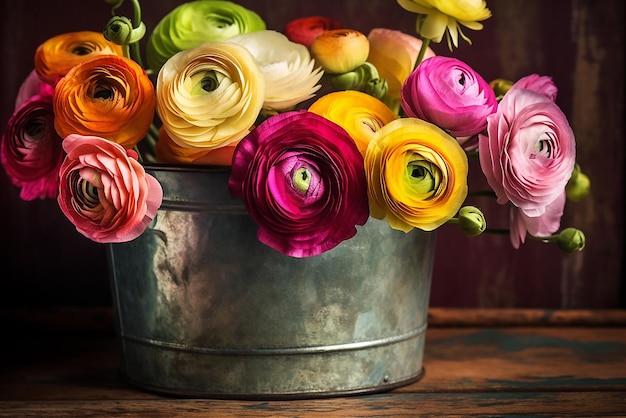 Colorful ranunculus in antique dusty bucket Generative ai