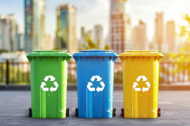 Colorful recycling bins against a cityscape background