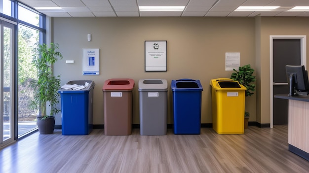 Photo colorful recycling bins arranged in an office promoting ecofriendly waste management