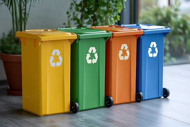 Photo colorful recycling bins with recycling symbols facilitating garbage sorting