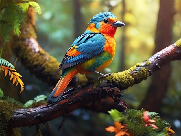 colorful and red bird on branch in the forest