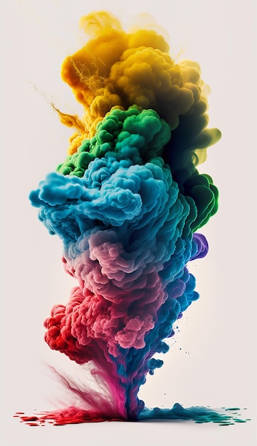 Colorful red green blue and yellow colored intense paint smoke on a white background