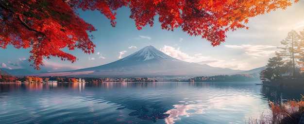 Colorful red leaves frame the majestic Mount Fuji in autumn