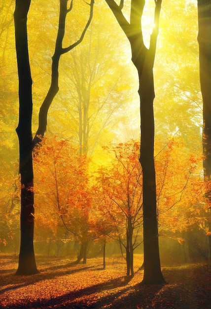 Colorful red and yellow trees in autumn forest backlit silhouettes with sun shining through the branches vertical format Digital illustration