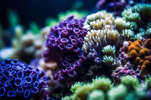 A colorful reef with a blue background and a purple coral.