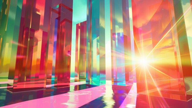 Photo colorful reflections from sunlit tall geometric prisms vibrant mix of bold colors in an abstract and lively background vertical geometric shapes sun reflection background