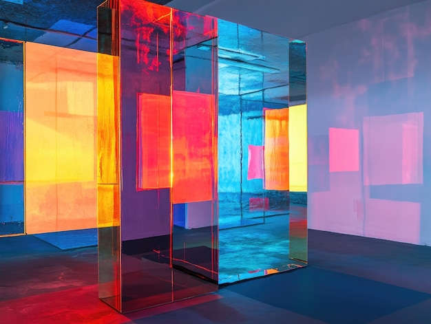 Photo colorful reflective art installation in modern gallery with vibrant light effects