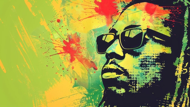 colorful reggae day banner with trendy abstract background and portrait