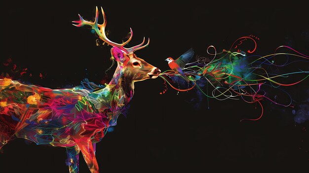 Colorful reindeer with colorful smoke isolated on black background Generative AI illustrations