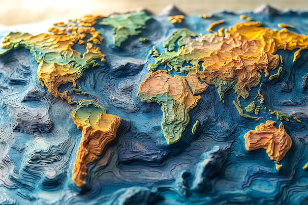 A colorful relief map of the world showcasing geographical features