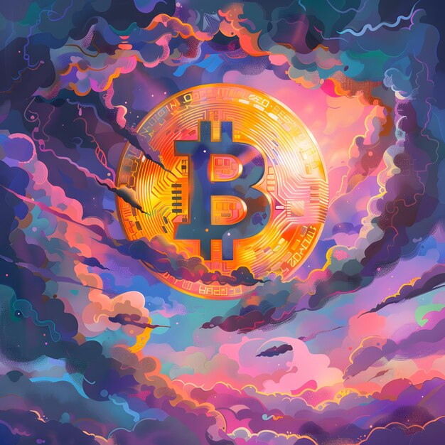 Photo colorful representation of bitcoin in a futuristic sky a dynamic illustration of cryptocurrency in