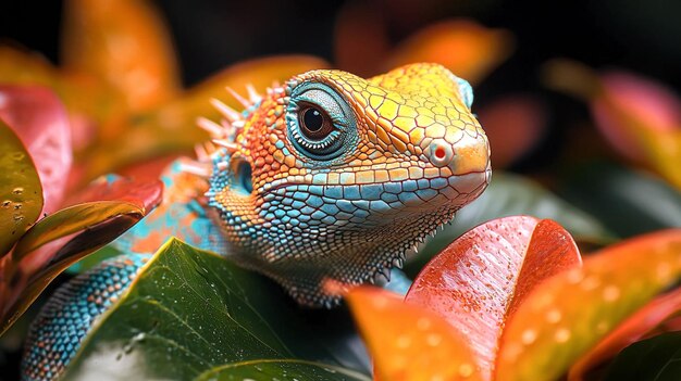 Photo a colorful reptilian lizard with textured scaly skin with vivid green and orange hues on a bed of lush foliage