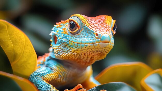 Photo a colorful reptilian lizard with textured scaly skin with vivid green and orange hues on a bed of lush foliage