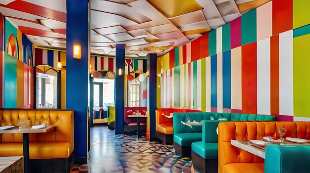 a colorful restaurant with colorful chairs and a colorful wall