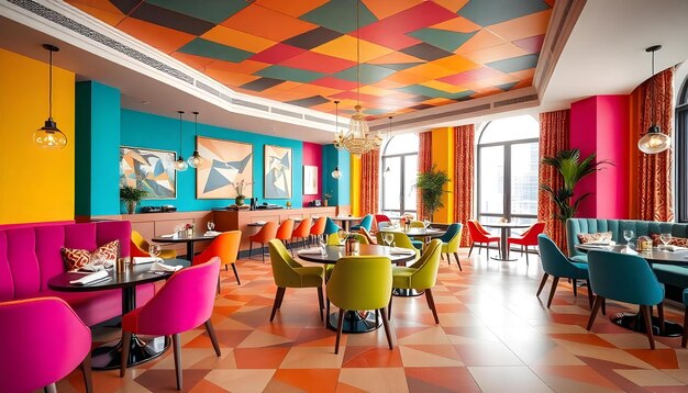 Photo a colorful restaurant with colorful chairs and a colorful wallpaper