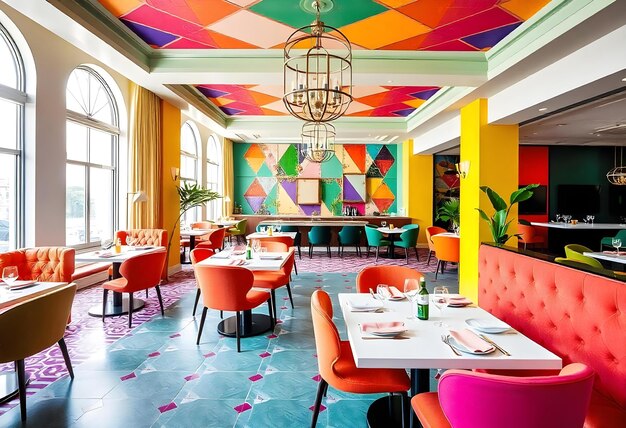 Photo a colorful restaurant with colorful chairs and tables and a colorful wall painting