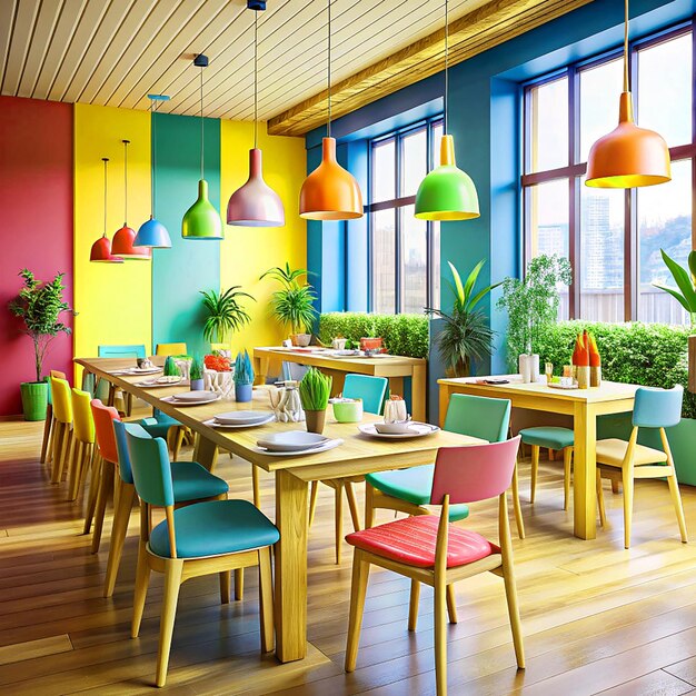 Photo a colorful restaurant with a colorful wall and chairs with a colorful wall behind them