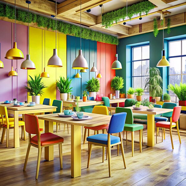 Photo a colorful restaurant with a colorful wall and chairs with a colorful wall behind them