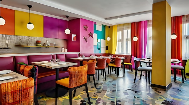 a colorful restaurant with a colorful wall and chairs