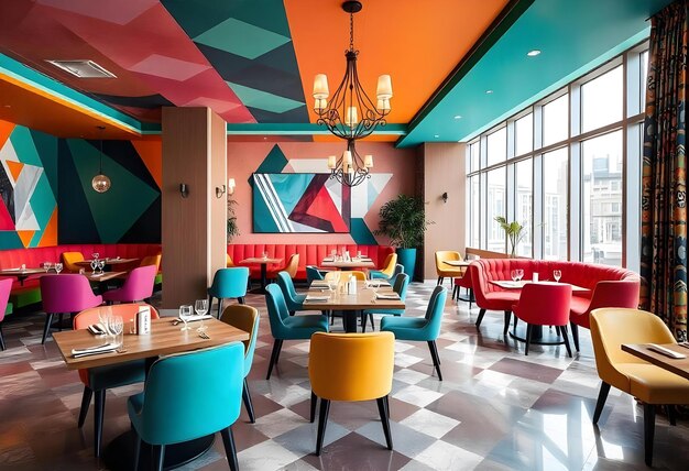 Photo a colorful restaurant with a colorful wall and a chandelier hanging from the ceiling