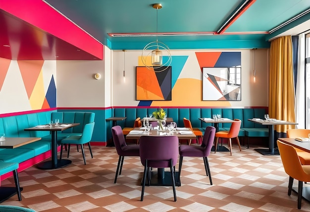 a colorful restaurant with a colorful wall painting on the wall