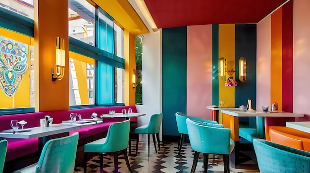 a colorful restaurant with a colorful wall and tables and chairs