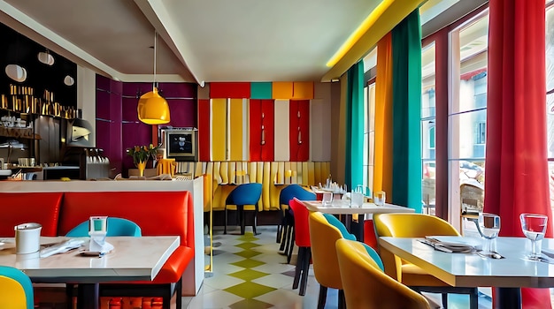 a colorful restaurant with a colorful wallpaper on the wall