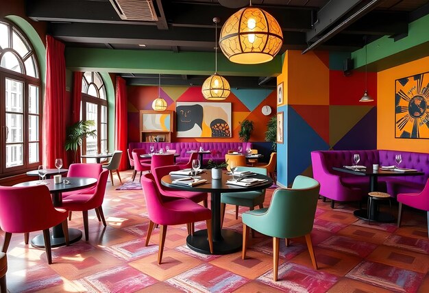 Photo a colorful restaurant with a colorful wallpaper with colorful chairs and tables