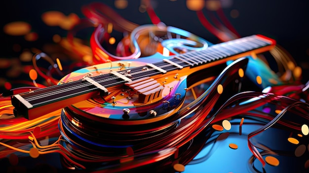 Colorful retro abstraction of musical instruments modern and abstract multicolor music background with fluid structure violin and guitar generative ai