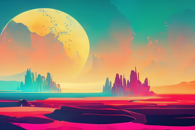 Colorful retro futuristic landscape background