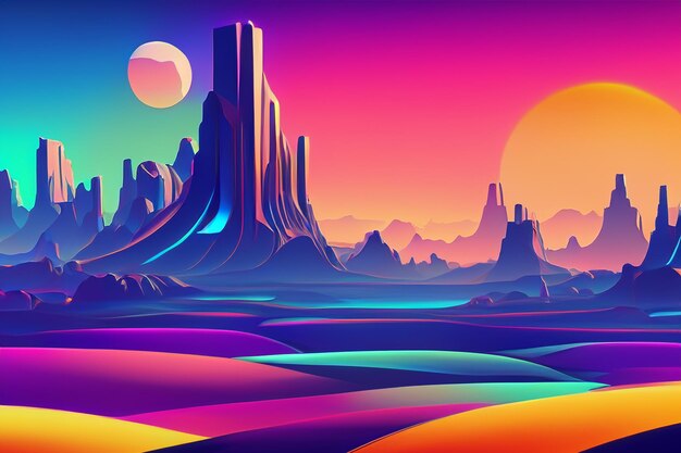 Colorful retro futuristic landscape background