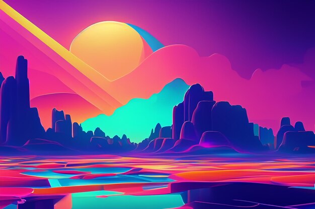 Colorful retro futuristic landscape background