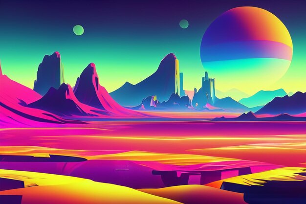 Colorful retro futuristic landscape background