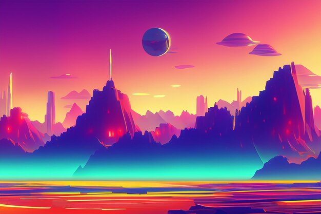 Colorful retro futuristic landscape background