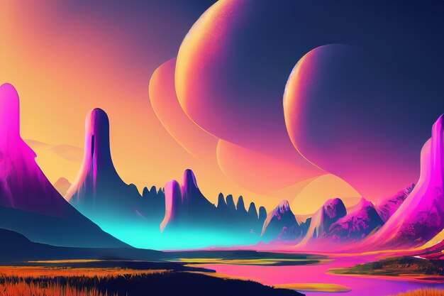 Colorful retro futuristic landscape background