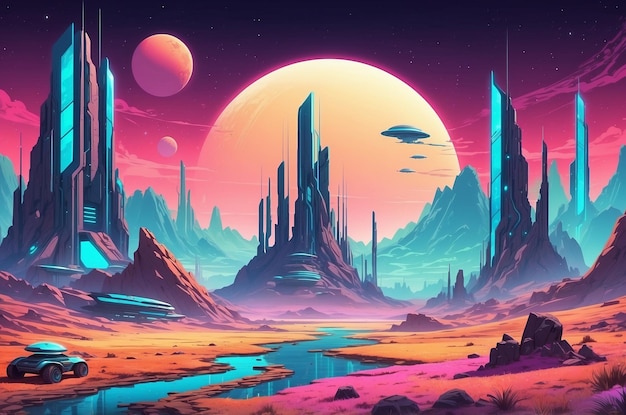 Colorful retro futuristic landscape background