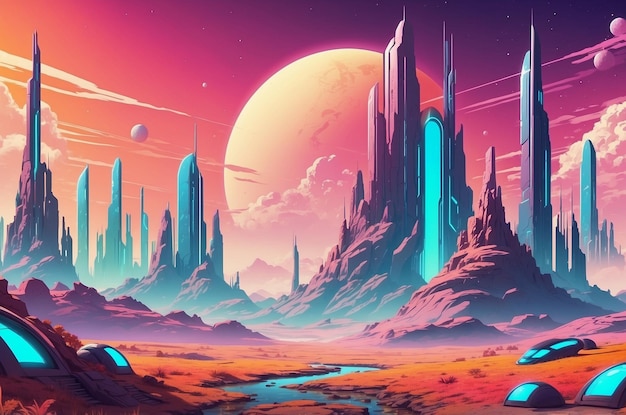 Colorful retro futuristic landscape background