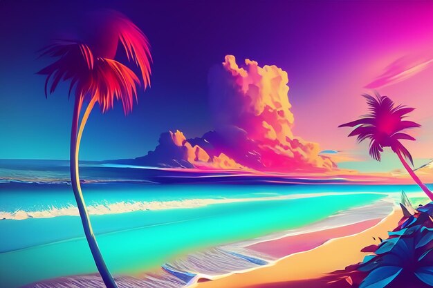 Colorful retro futuristic tropical beach background