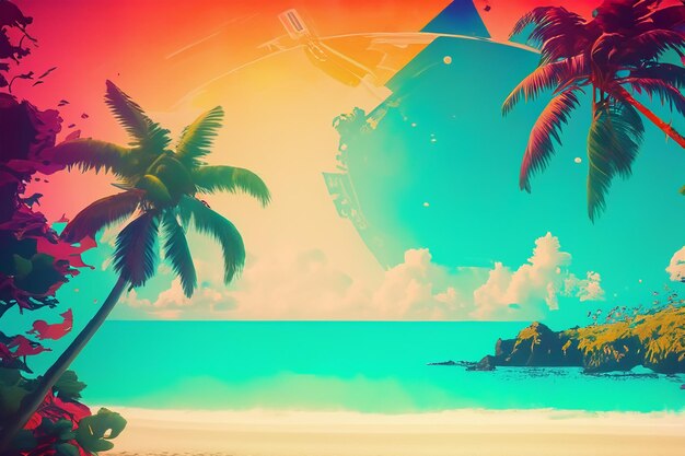 Colorful retro futuristic tropical beach background