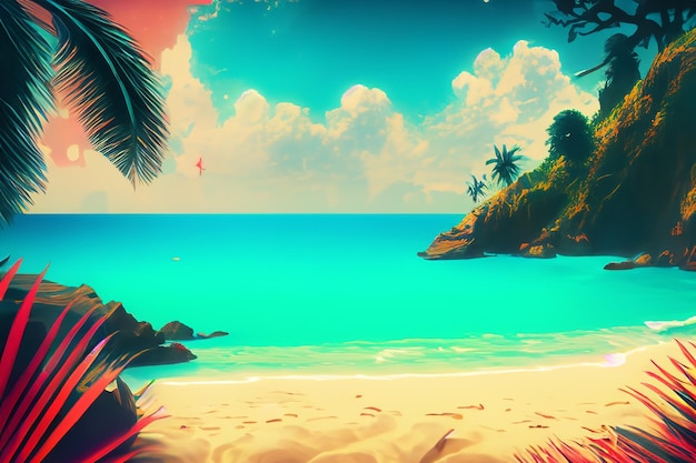 Colorful retro futuristic tropical beach background