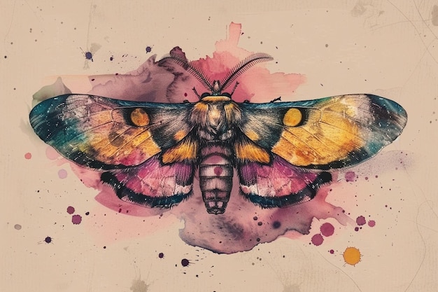 Photo colorful retro moth tattoo design with pastel background